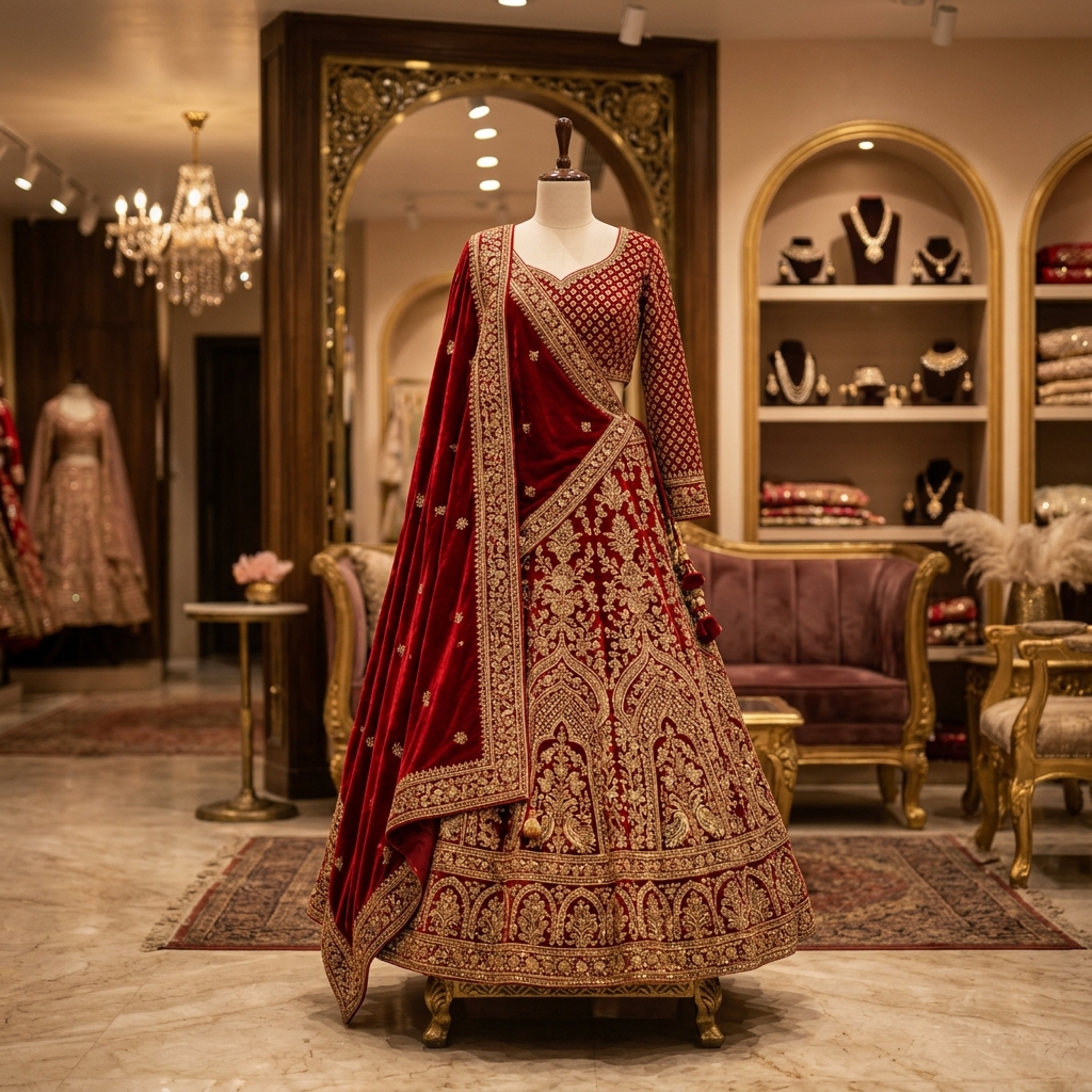Crimson Velvet Bridal Lehenga